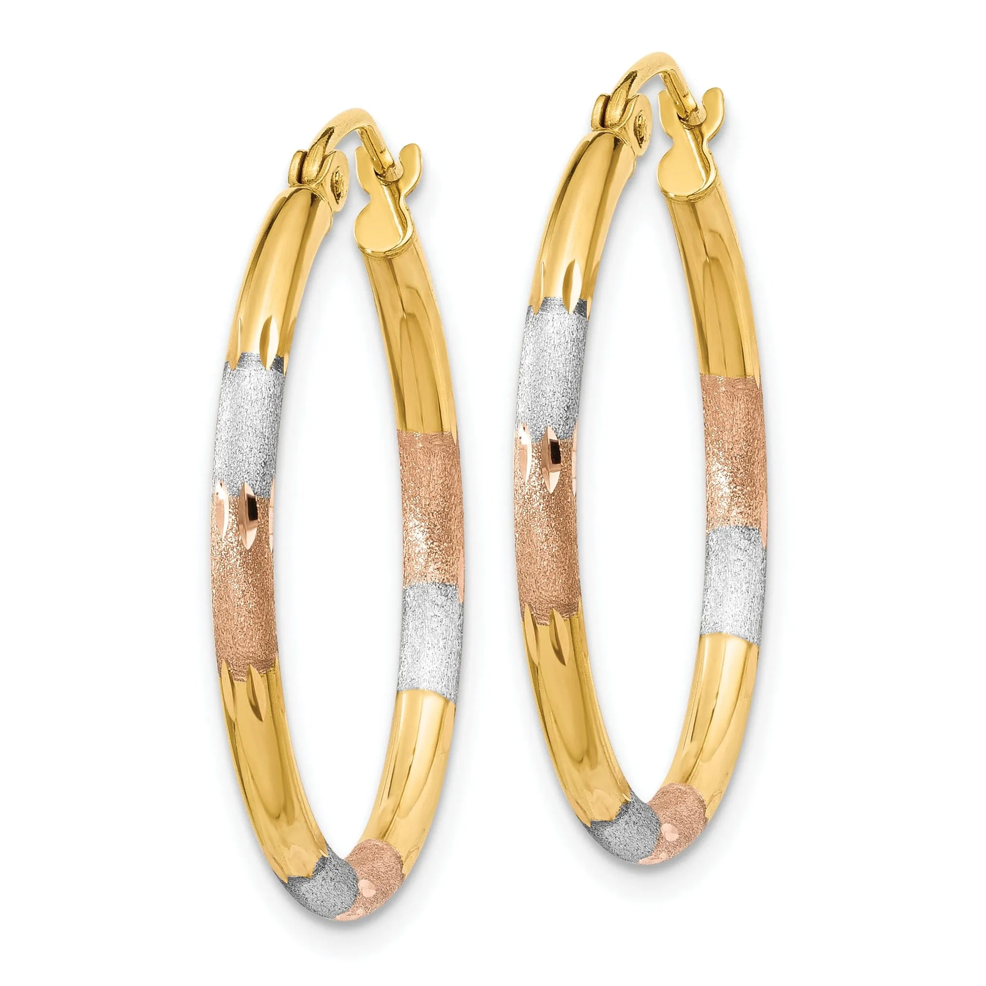 14K Tri-Color Gold 2MM Wide Diamond Cut Earrings