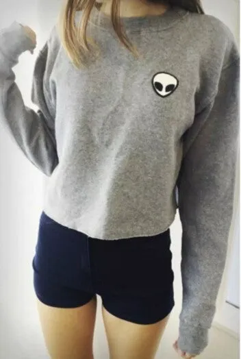2017 Spring Autumn Alien Crop Tops Gray Hoodies Casual Long Sleeve Sweatshirt Personality Outside O-Neck Hoody WAIBO BEAR