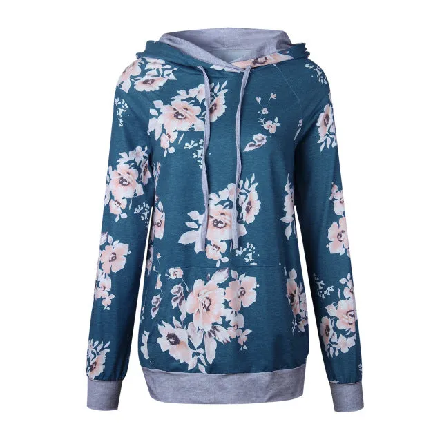 2018 Autumn Fashion Womens Hoodies Long Sleeve Sweatshirt Women Hooded Floral Print Gray Ladies Pullover Kwaii Female Tops