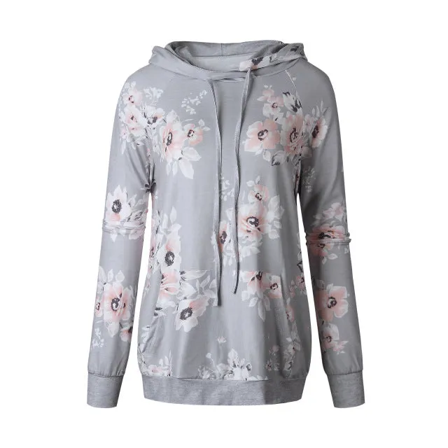 2018 Autumn Fashion Womens Hoodies Long Sleeve Sweatshirt Women Hooded Floral Print Gray Ladies Pullover Kwaii Female Tops