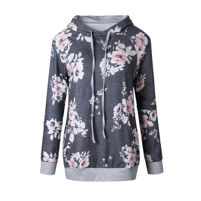 2018 Autumn Fashion Womens Hoodies Long Sleeve Sweatshirt Women Hooded Floral Print Gray Ladies Pullover Kwaii Female Tops
