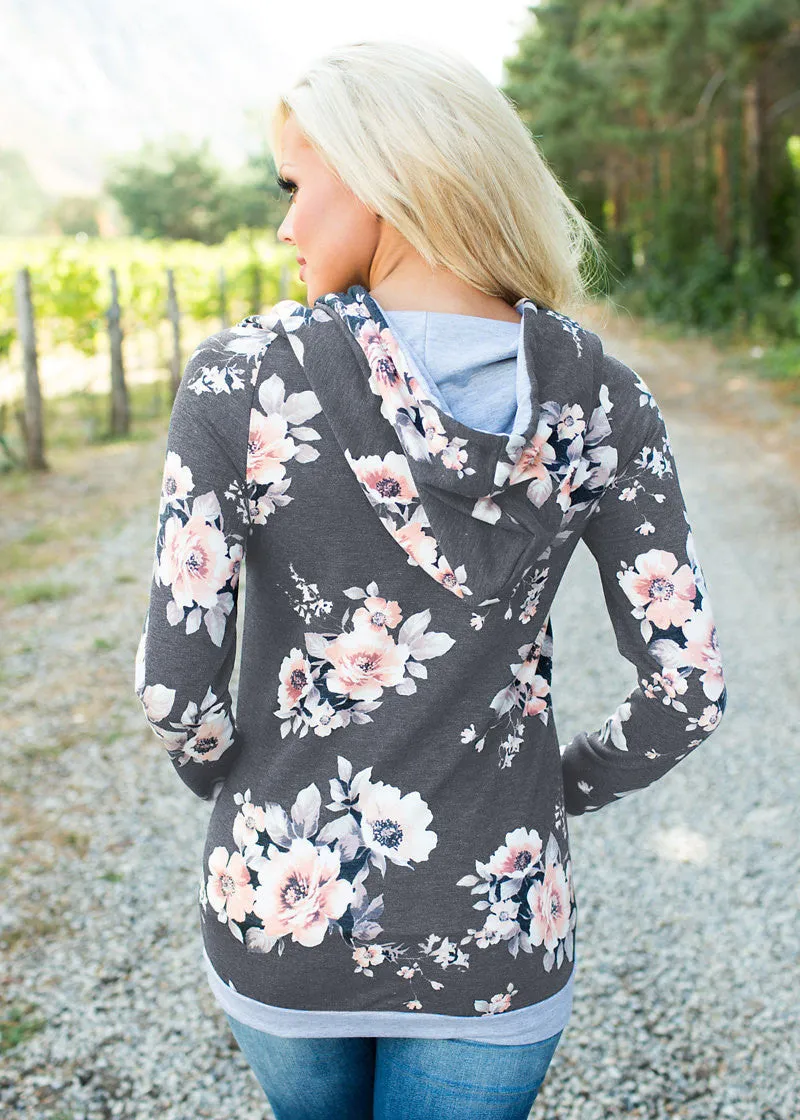 2018 Autumn Fashion Womens Hoodies Long Sleeve Sweatshirt Women Hooded Floral Print Gray Ladies Pullover Kwaii Female Tops