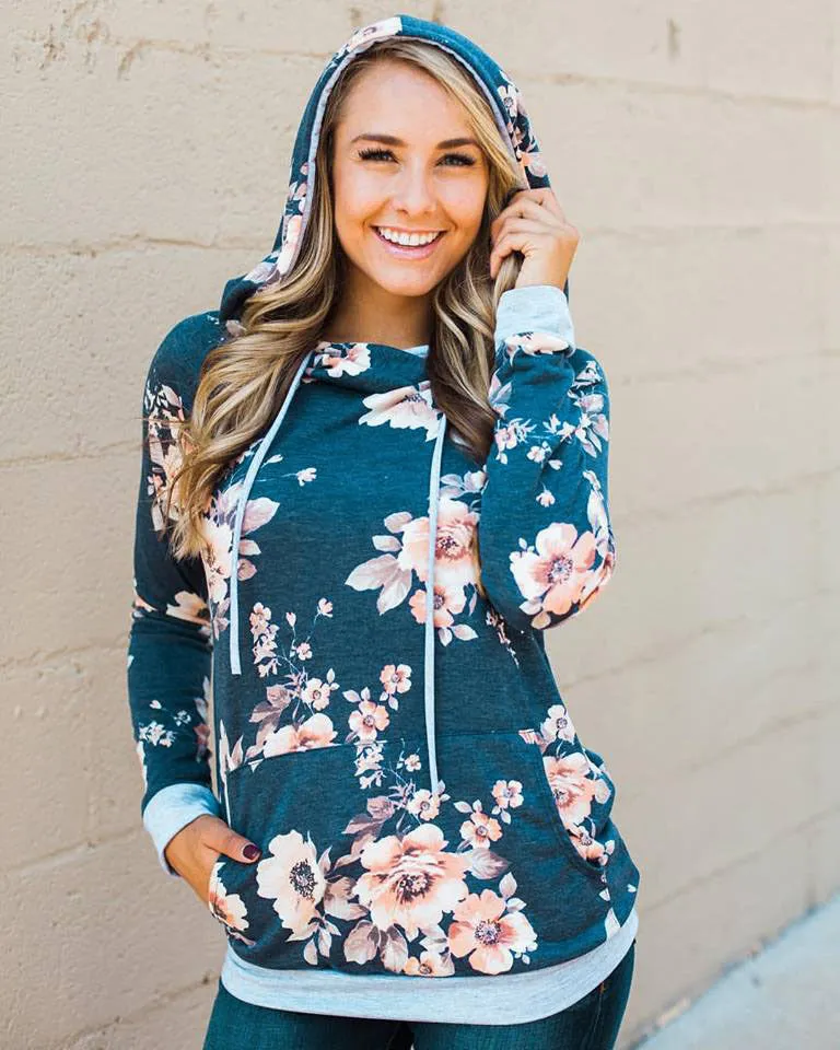 2018 Autumn Fashion Womens Hoodies Long Sleeve Sweatshirt Women Hooded Floral Print Gray Ladies Pullover Kwaii Female Tops