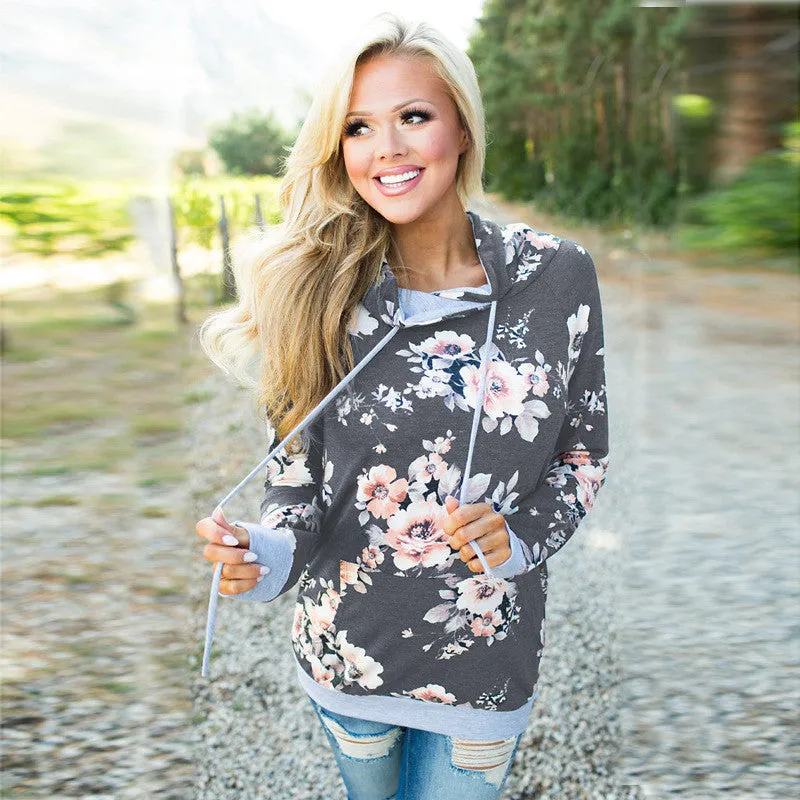2018 Autumn Fashion Womens Hoodies Long Sleeve Sweatshirt Women Hooded Floral Print Gray Ladies Pullover Kwaii Female Tops