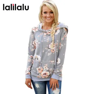 2018 Autumn Fashion Womens Hoodies Long Sleeve Sweatshirt Women Hooded Floral Print Gray Ladies Pullover Kwaii Female Tops