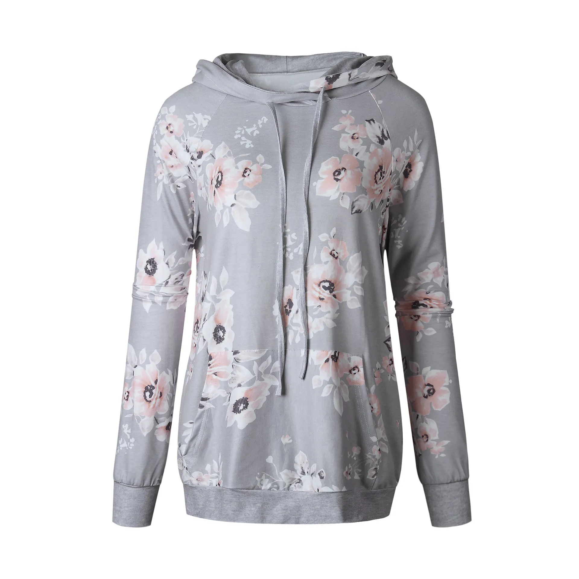 2018 Autumn Fashion Womens Hoodies Long Sleeve Sweatshirt Women Hooded Floral Print Gray Ladies Pullover Kwaii Female Tops