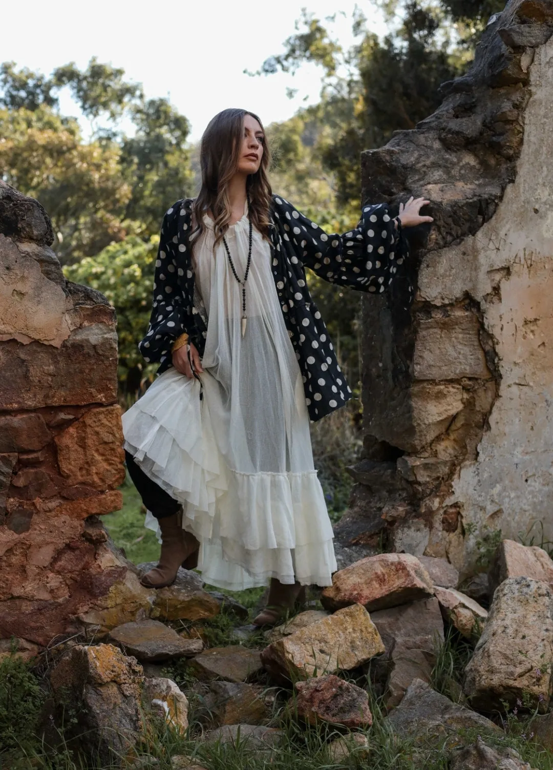 Amano linen spot balloon sleeve blouse