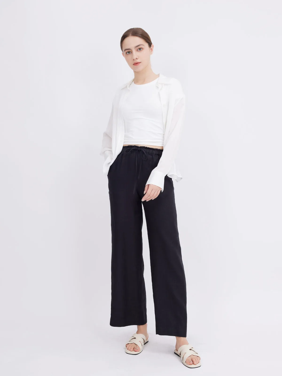 ASOBIO Mid-Rise Loose Straight Linen Pants
