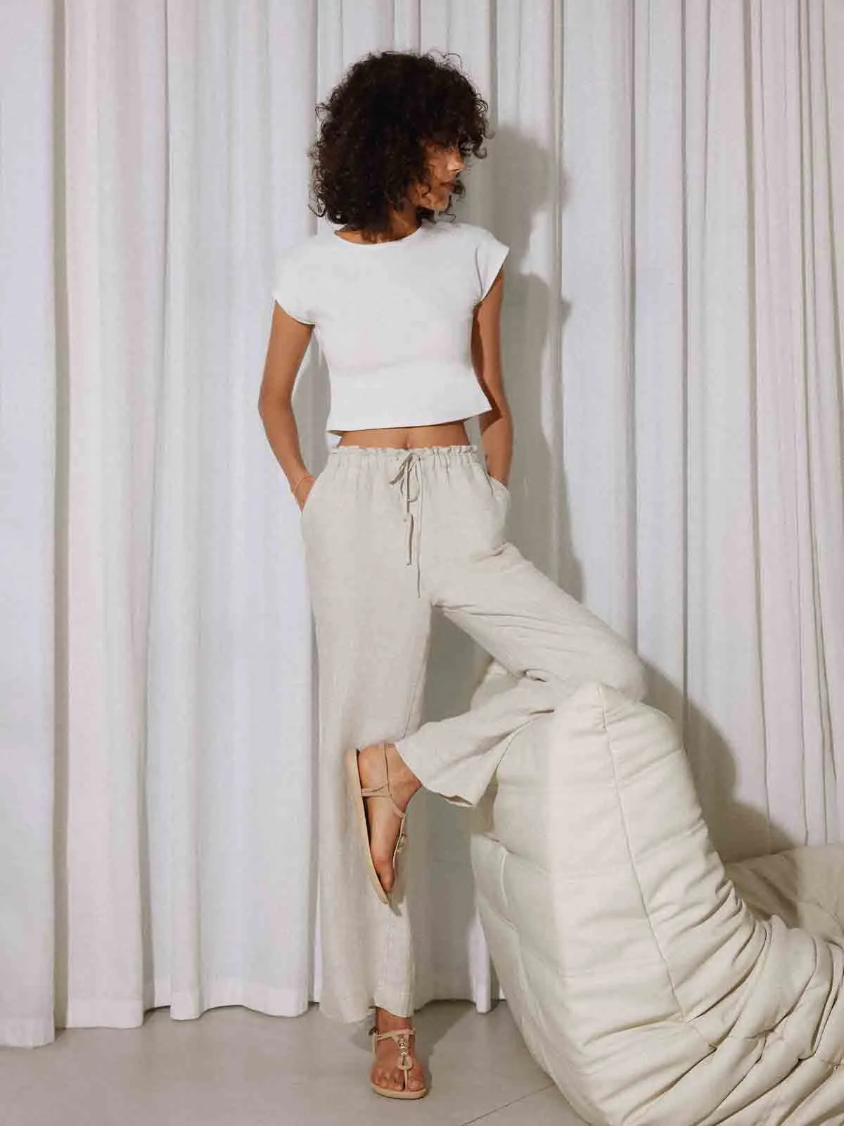 ASOBIO Mid-Rise Loose Straight Linen Pants