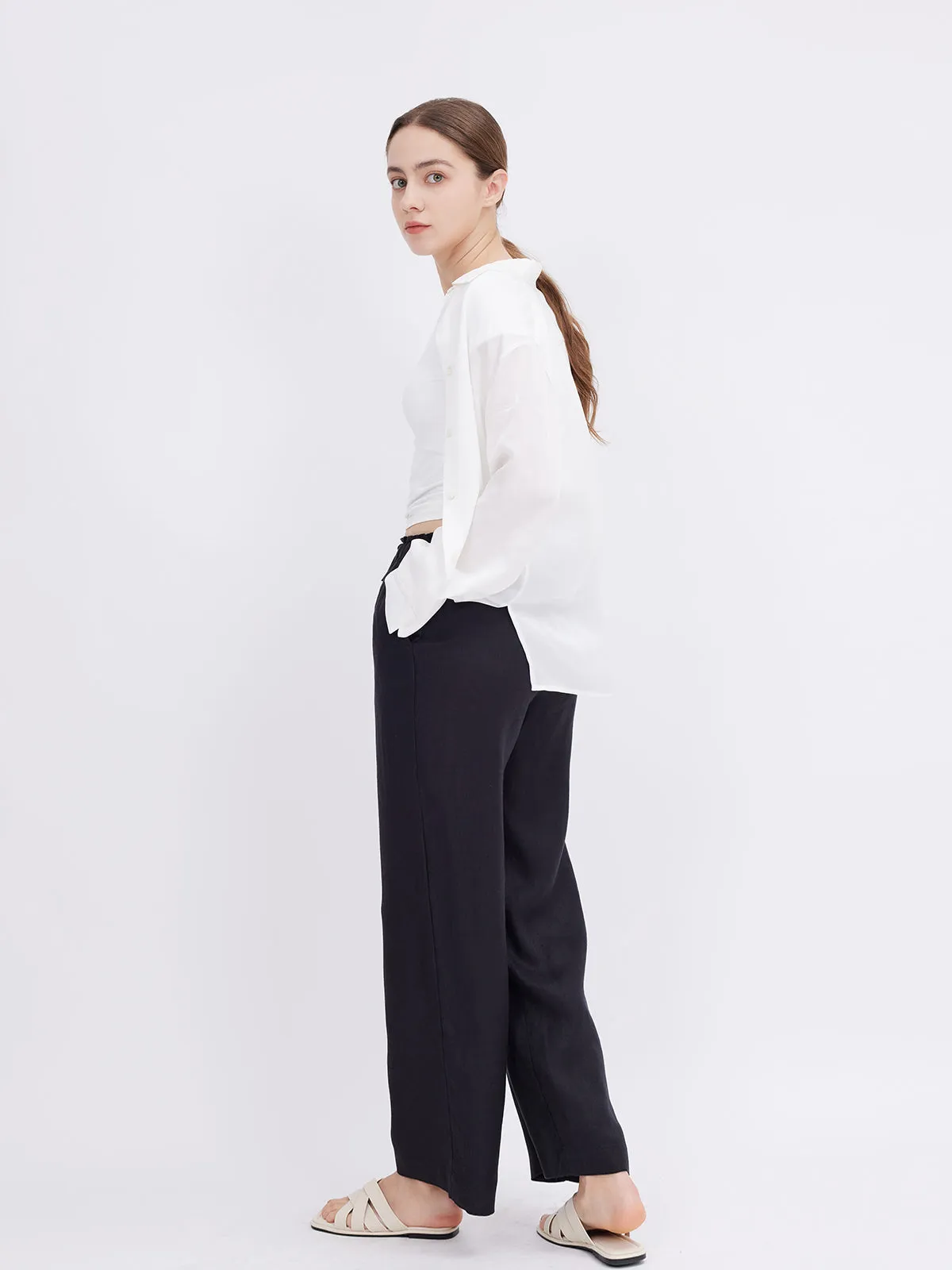 ASOBIO Mid-Rise Loose Straight Linen Pants