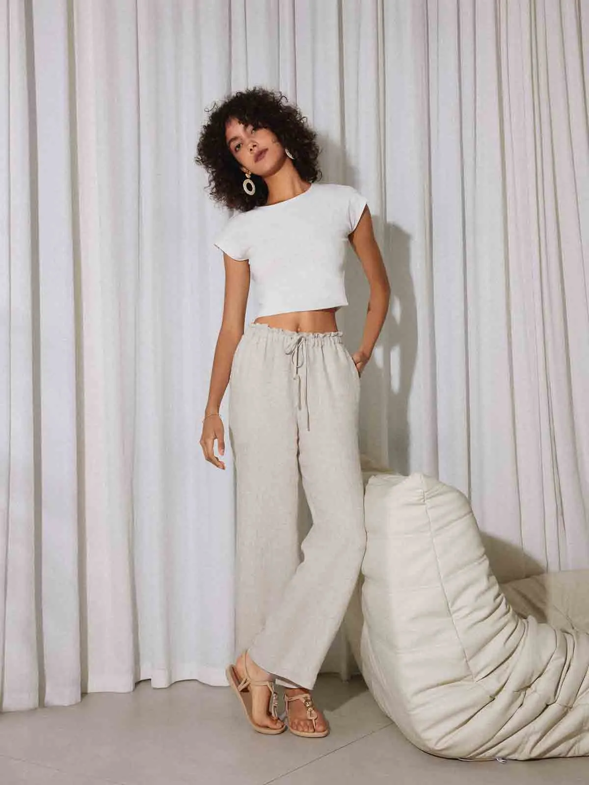 ASOBIO Mid-Rise Loose Straight Linen Pants