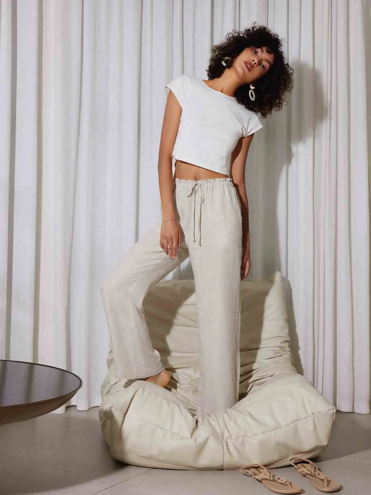 ASOBIO Mid-Rise Loose Straight Linen Pants