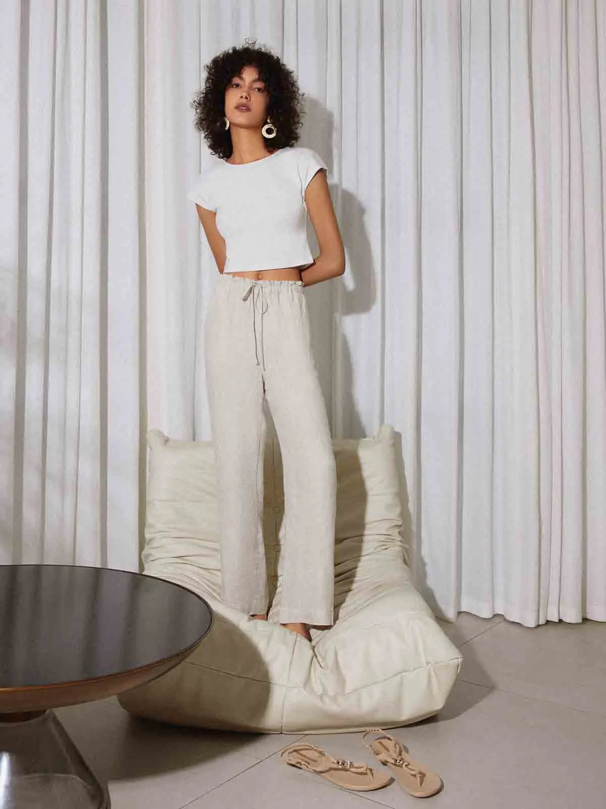 ASOBIO Mid-Rise Loose Straight Linen Pants