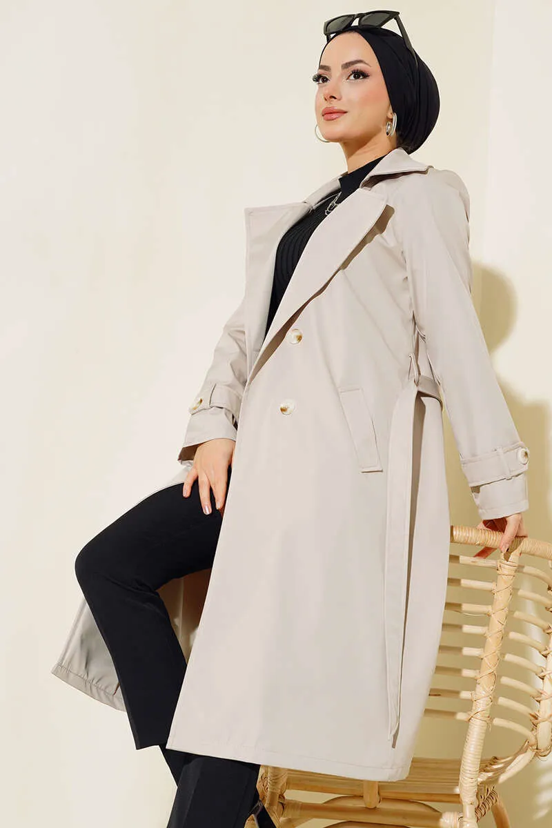 Belted Buttoned Trench Coat Stone