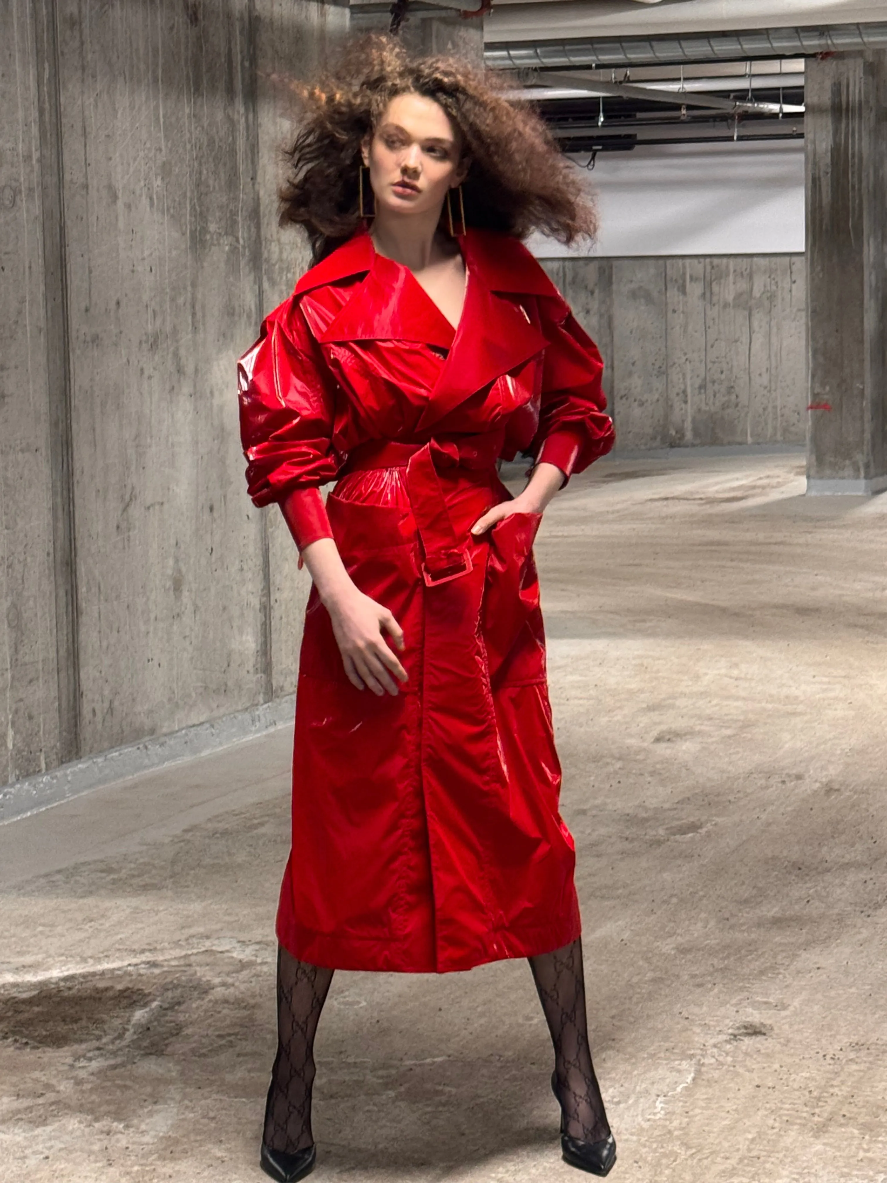 Belted Glossy Red Trench Coat