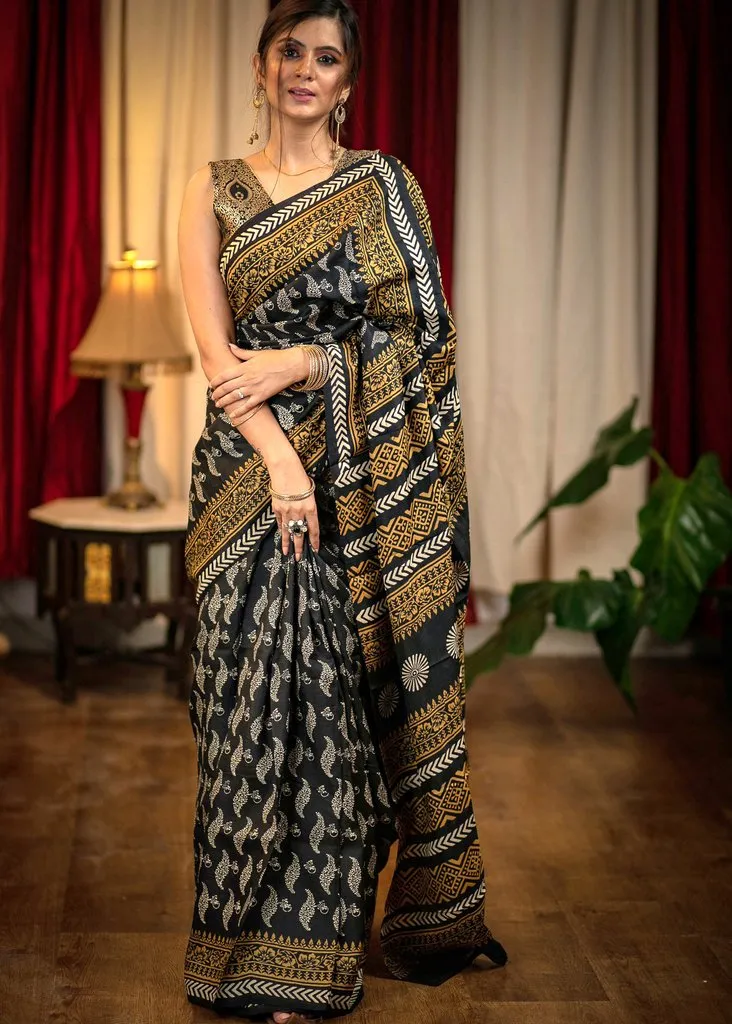 BLACK BLOCK PRINTED PURE SILK SAREE