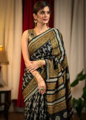 BLACK BLOCK PRINTED PURE SILK SAREE