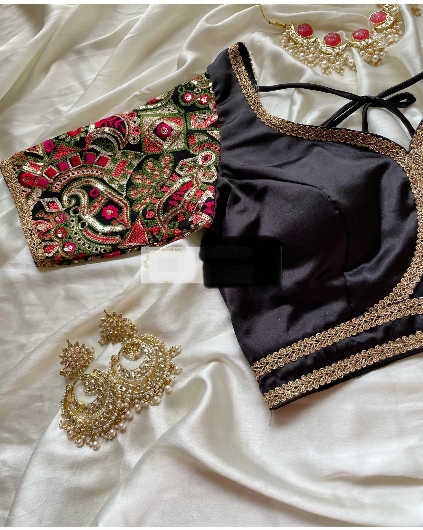 Black Blouse with Embroidered Sleeves