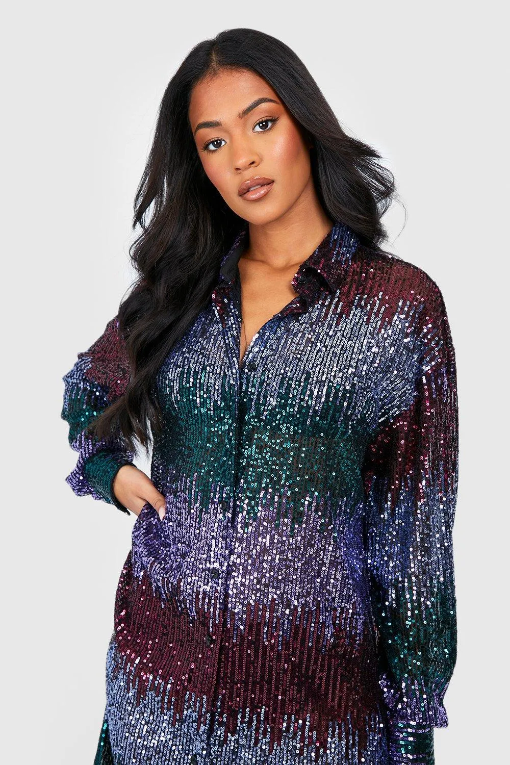 Boohoo High Stripe Sequin Shirt Dress, Turquoise