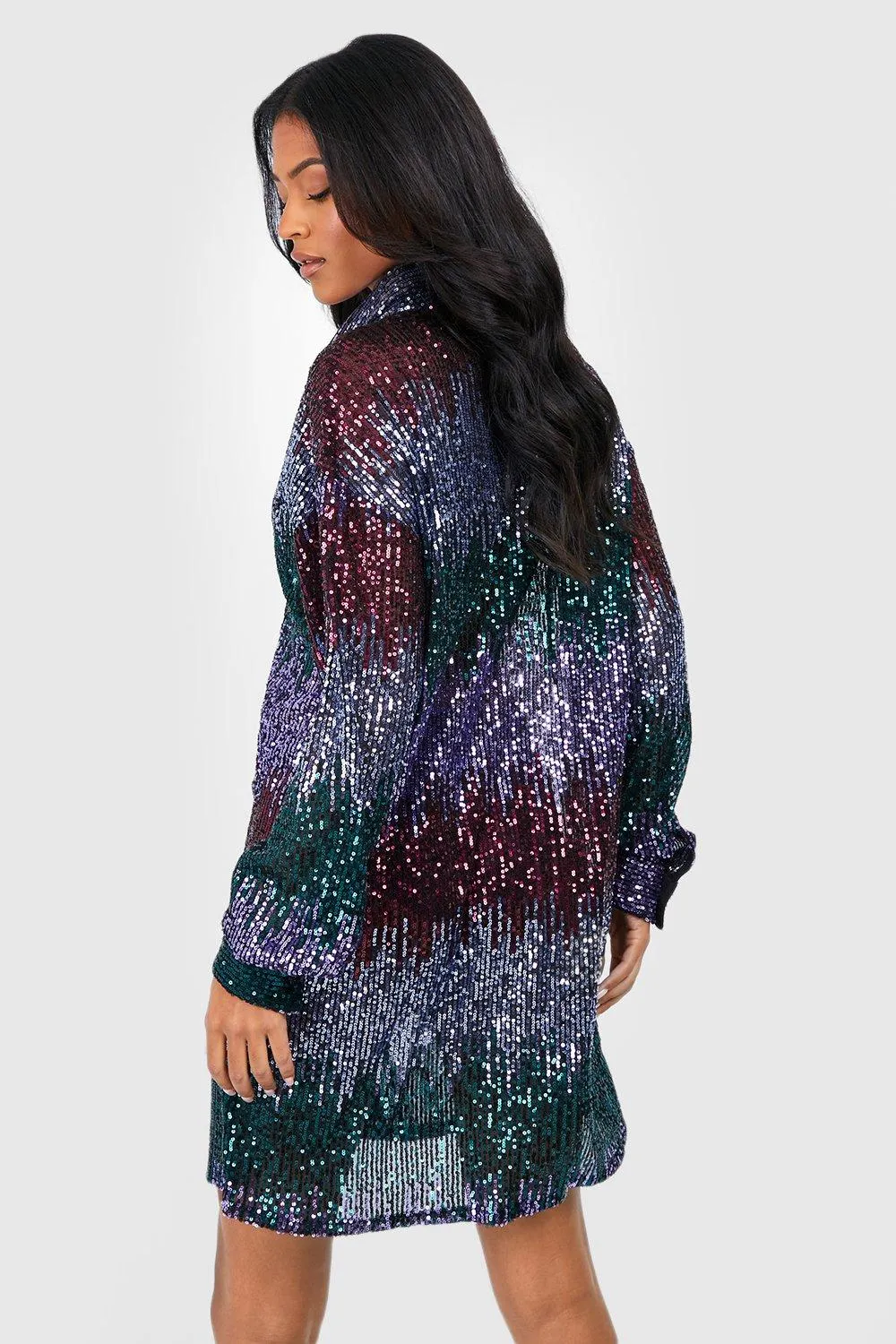 Boohoo High Stripe Sequin Shirt Dress, Turquoise