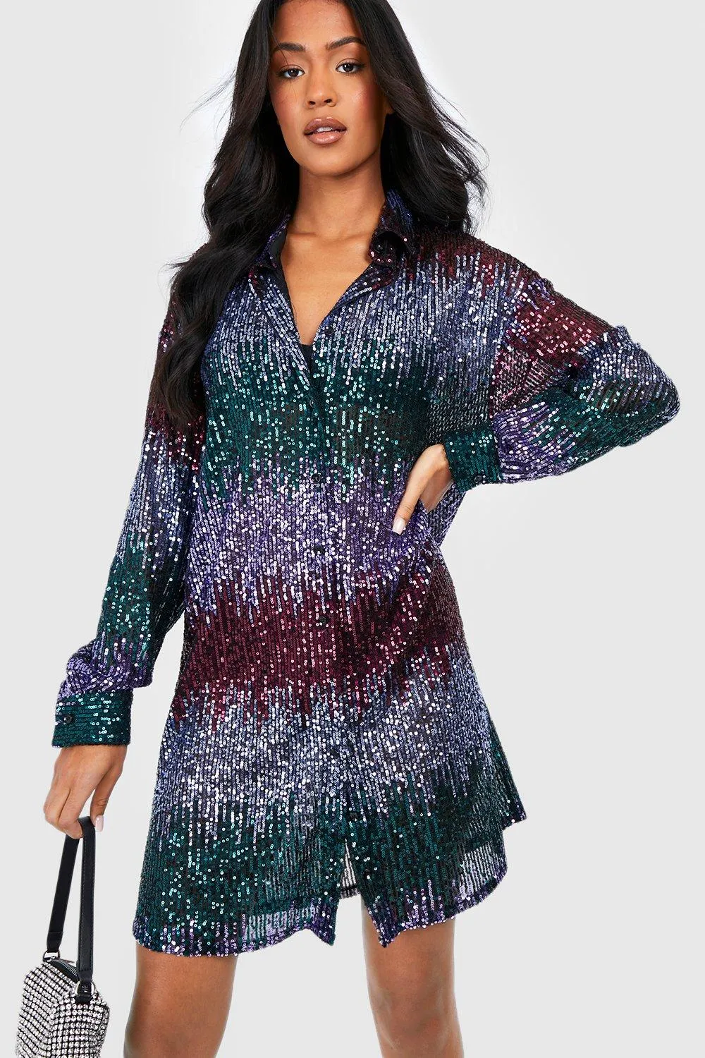 Boohoo High Stripe Sequin Shirt Dress, Turquoise