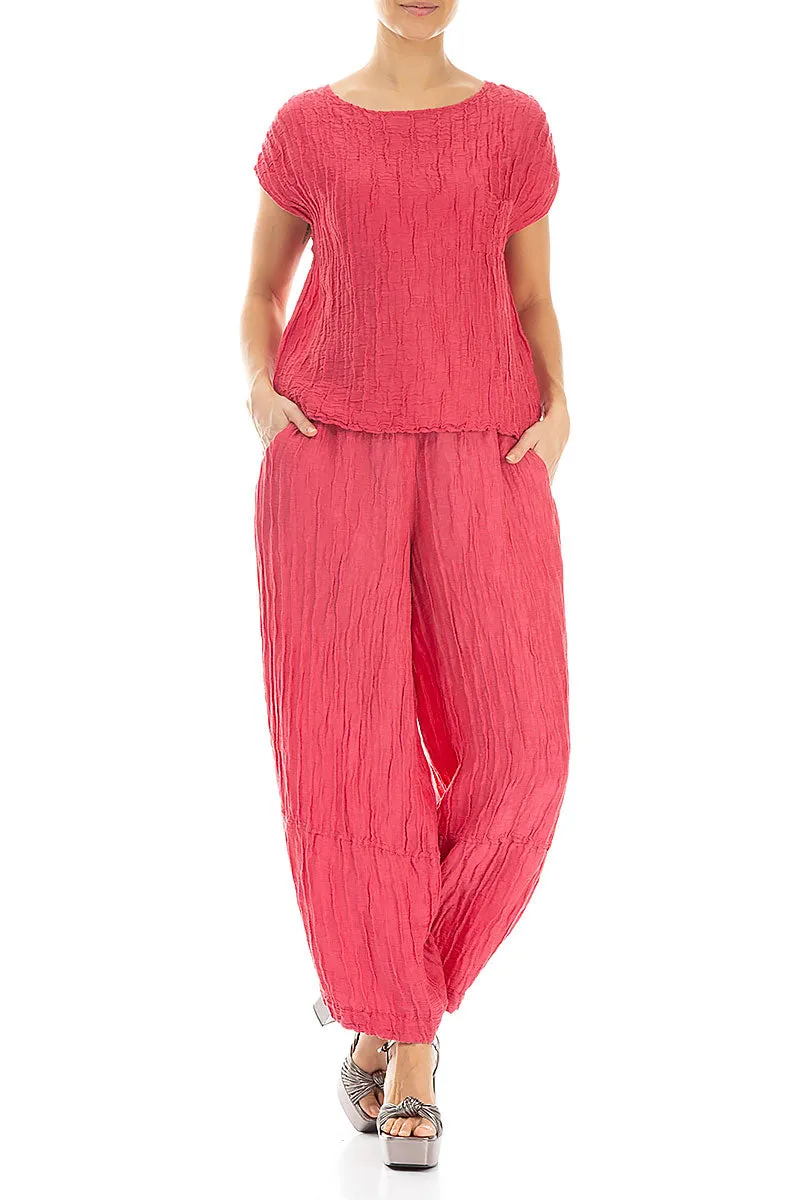 Boxy Raspberry Crinkled Silk Linen Blouse