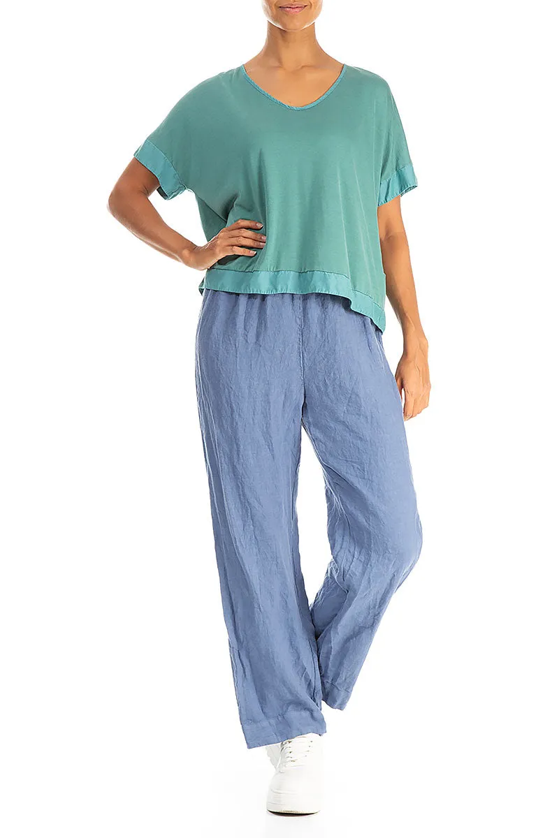 Boxy V-Neck Turquoise Silk Cotton Blouse