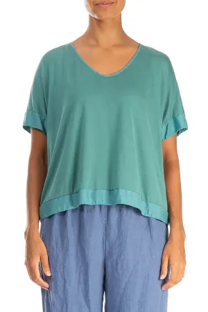 Boxy V-Neck Turquoise Silk Cotton Blouse