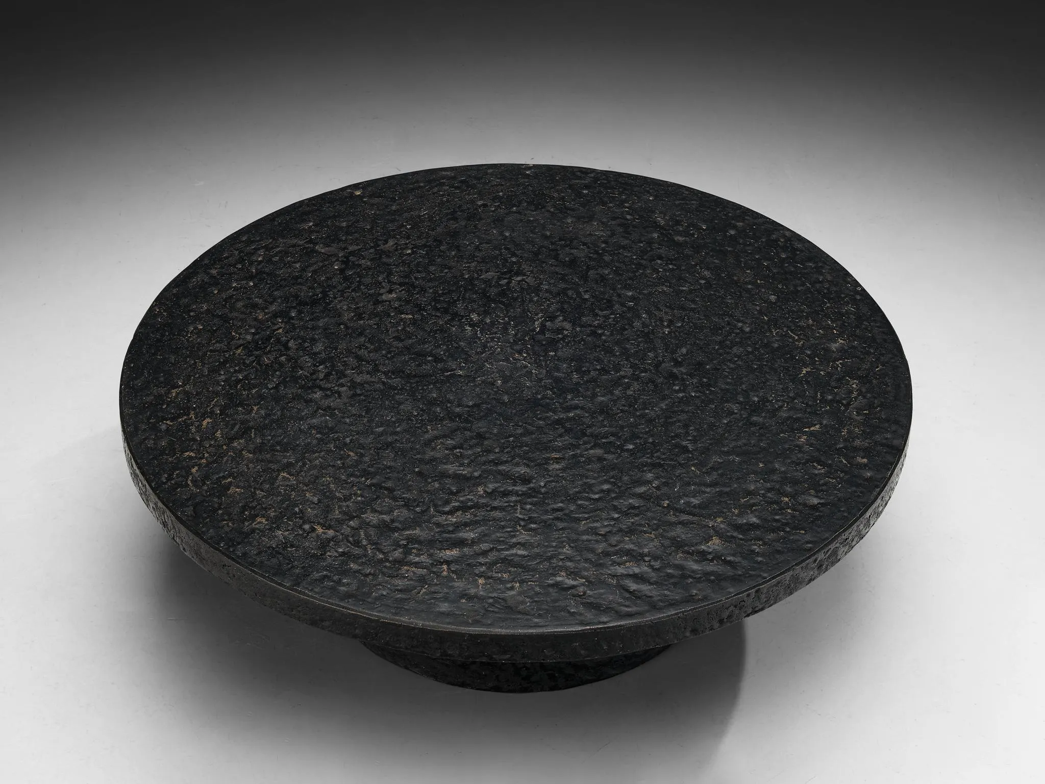 Brutalist Round Coffee Table in Black Stone Look Resin