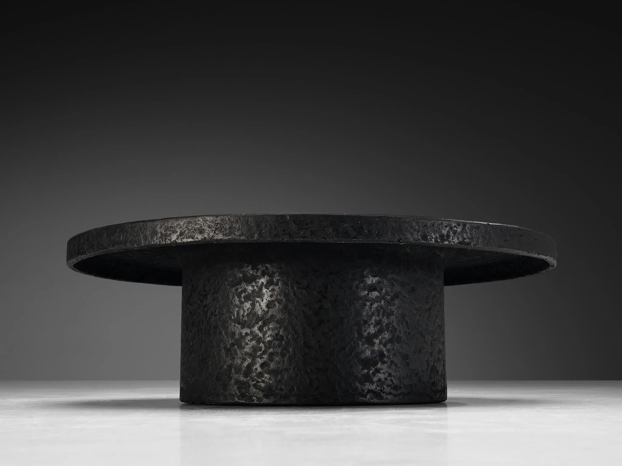 Brutalist Round Coffee Table in Black Stone Look Resin