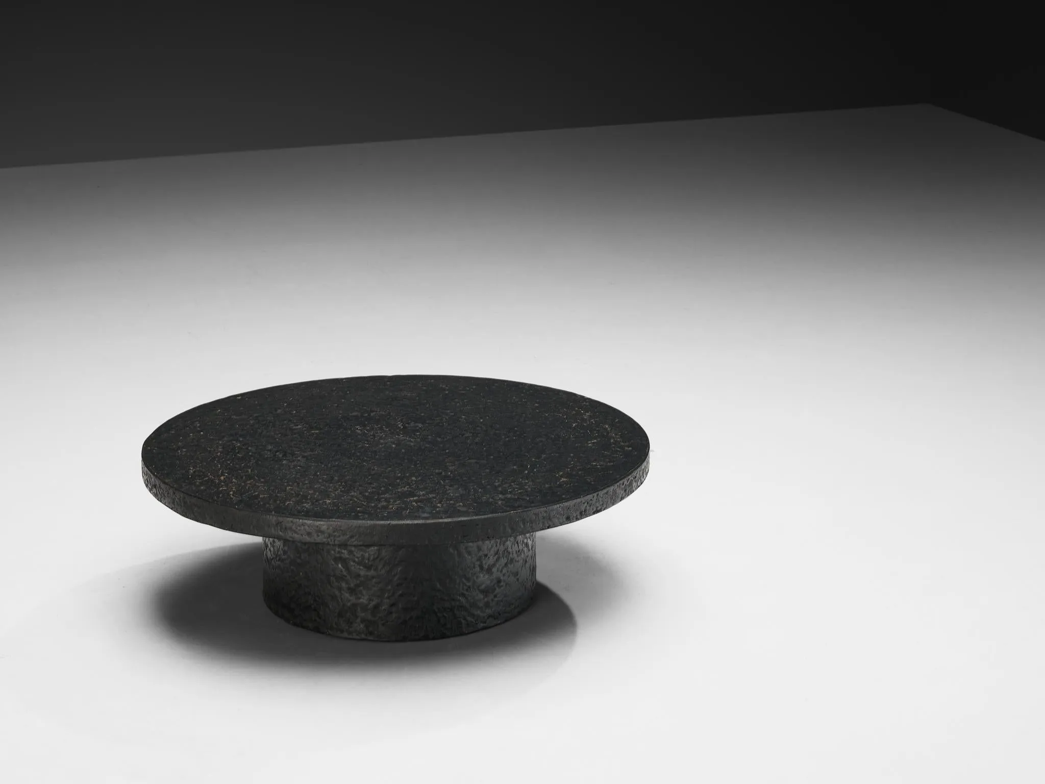 Brutalist Round Coffee Table in Black Stone Look Resin