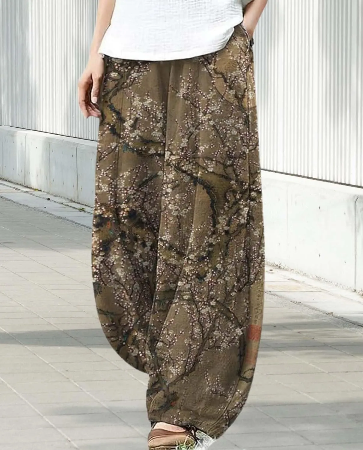 Cargo Japanese Pants for Women Cotton Linen Wide Leg Pants Casual Summer Boho Baggy Lantern Trouser with Pockets