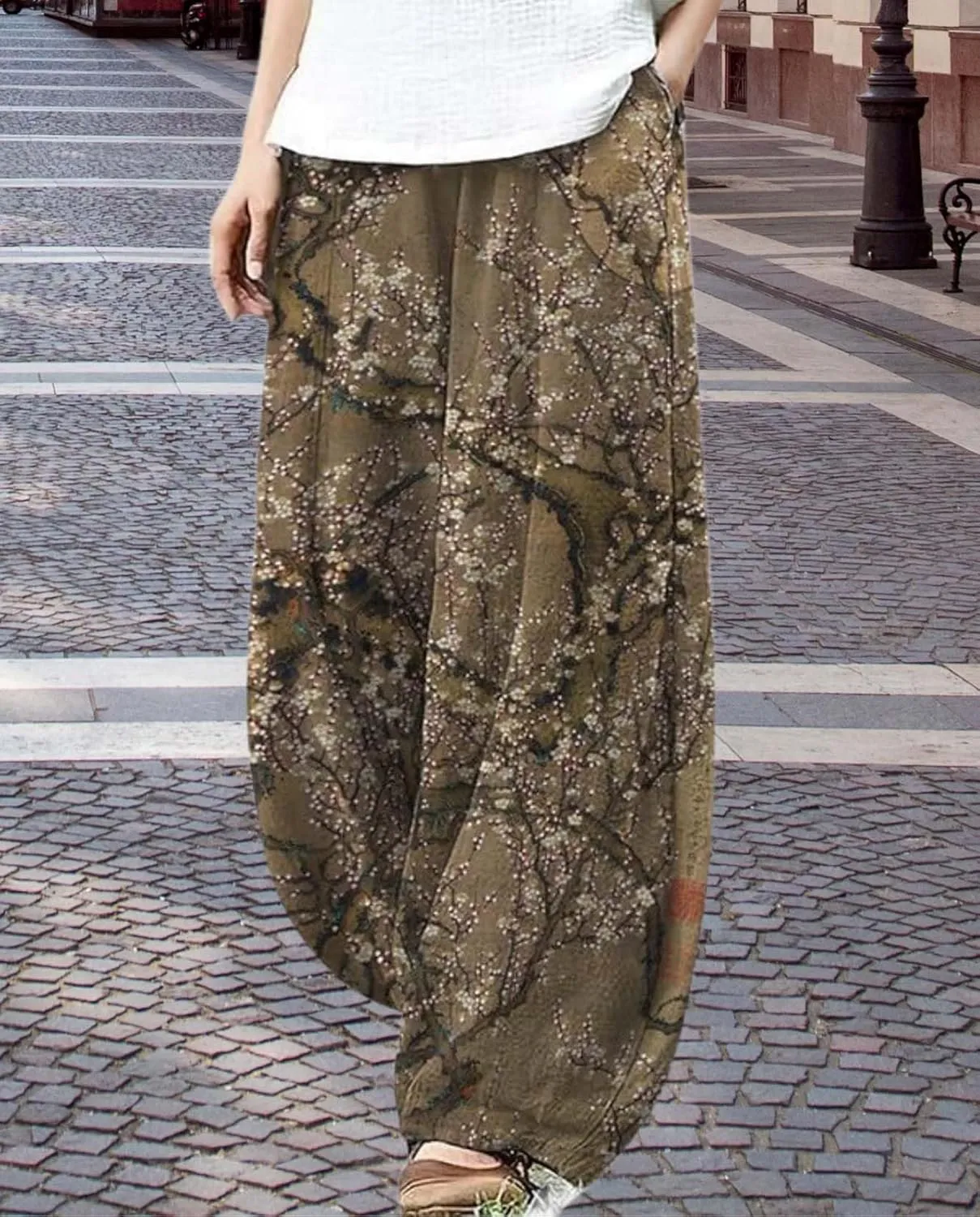 Cargo Japanese Pants for Women Cotton Linen Wide Leg Pants Casual Summer Boho Baggy Lantern Trouser with Pockets
