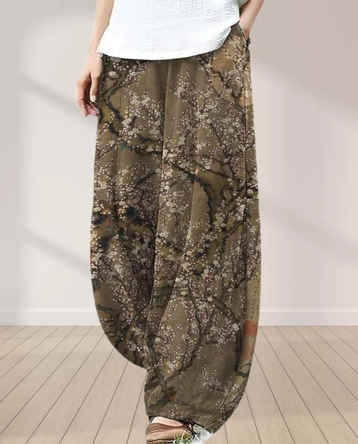 Cargo Japanese Pants for Women Cotton Linen Wide Leg Pants Casual Summer Boho Baggy Lantern Trouser with Pockets