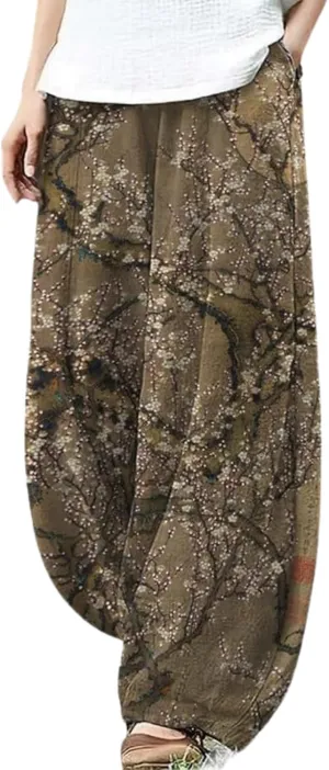 Cargo Japanese Pants for Women Cotton Linen Wide Leg Pants Casual Summer Boho Baggy Lantern Trouser with Pockets