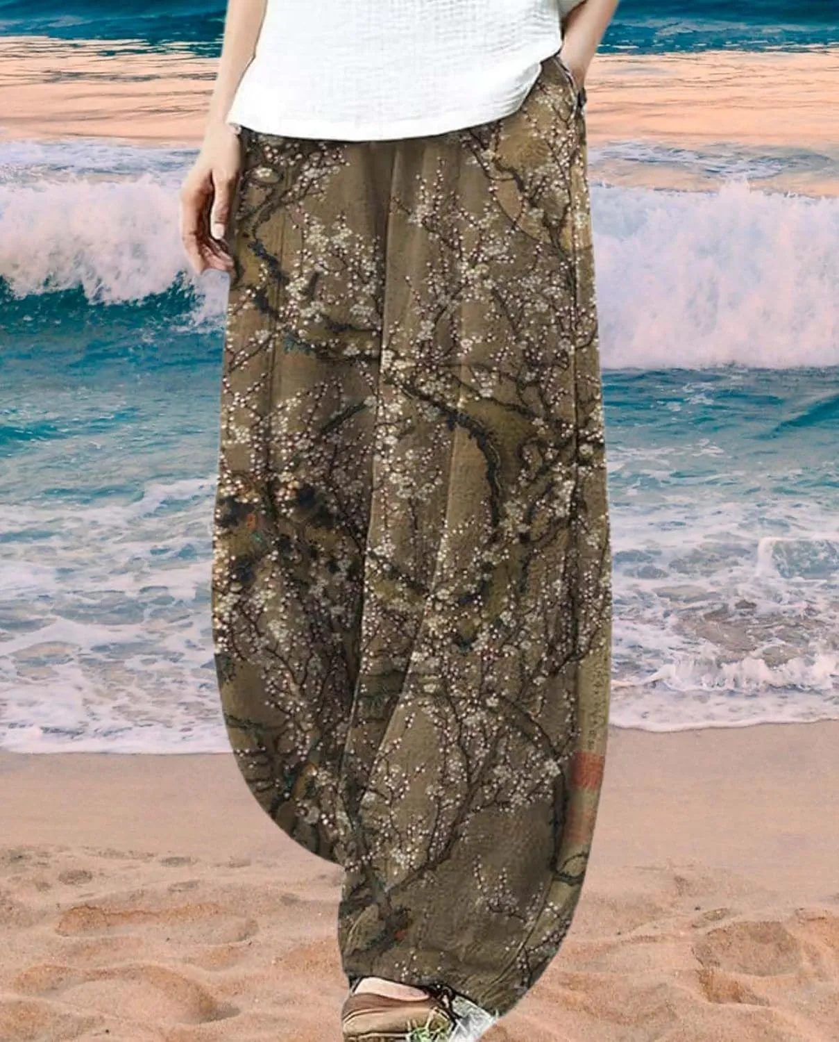 Cargo Japanese Pants for Women Cotton Linen Wide Leg Pants Casual Summer Boho Baggy Lantern Trouser with Pockets