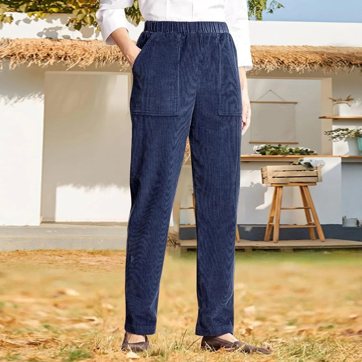 Corduroy Pants Women Casual Elastic High Waist Pants Straight Leg Fashion Pants Loose Fit Comfy Trousers with Pockets