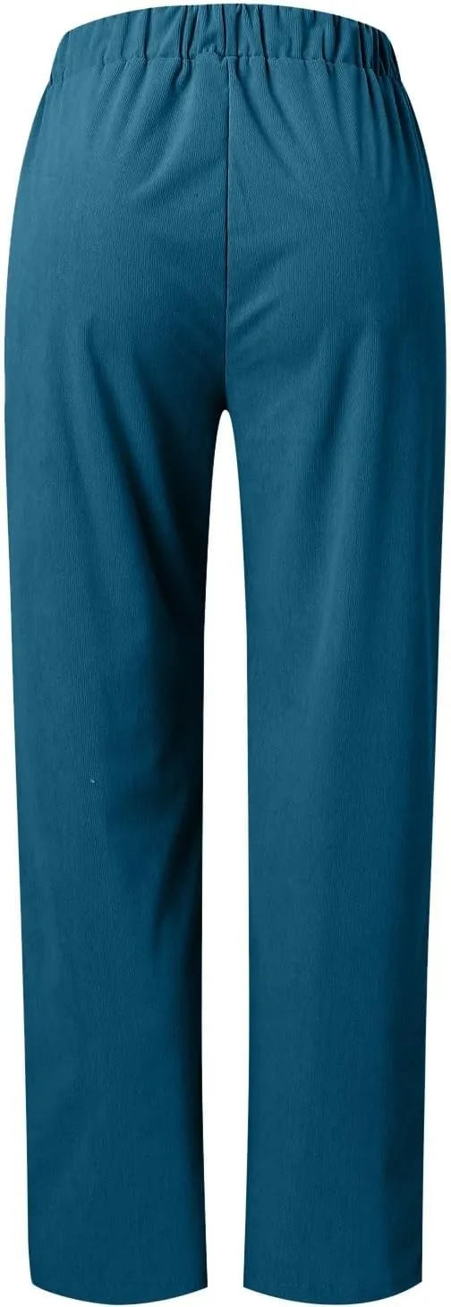 Corduroy Pants Women Casual Elastic High Waist Pants Straight Leg Fashion Pants Loose Fit Comfy Trousers with Pockets