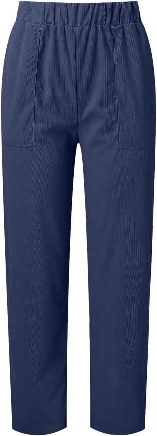 Corduroy Pants Women Casual Elastic High Waist Pants Straight Leg Fashion Pants Loose Fit Comfy Trousers with Pockets
