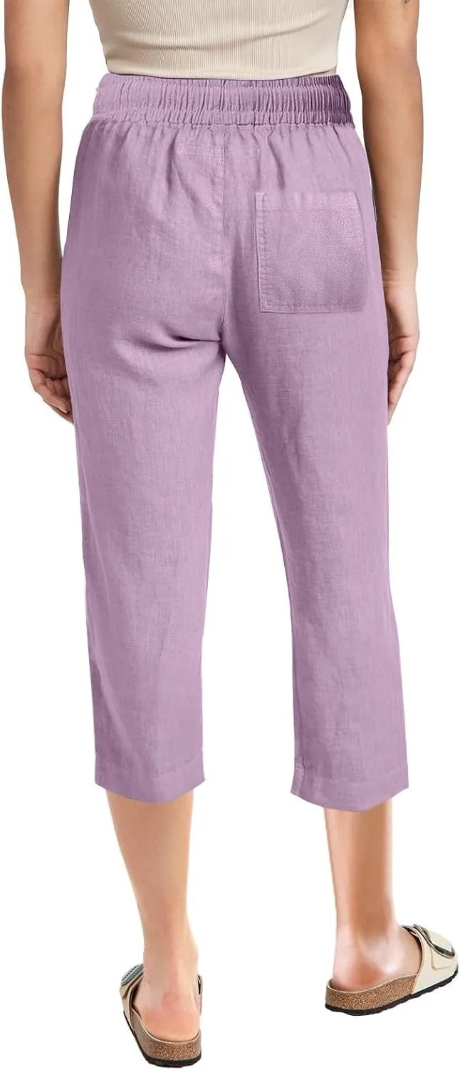 Cotton Linen Casual Summer Capri Drawstring Elastic Trousers Comfy Straight Leg Long Pants Straight Leg Loose Pants