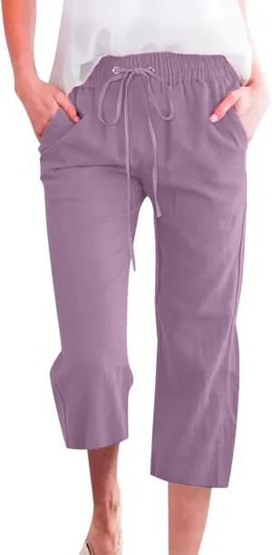 Cotton Linen Casual Summer Capri Drawstring Elastic Trousers Comfy Straight Leg Long Pants Straight Leg Loose Pants
