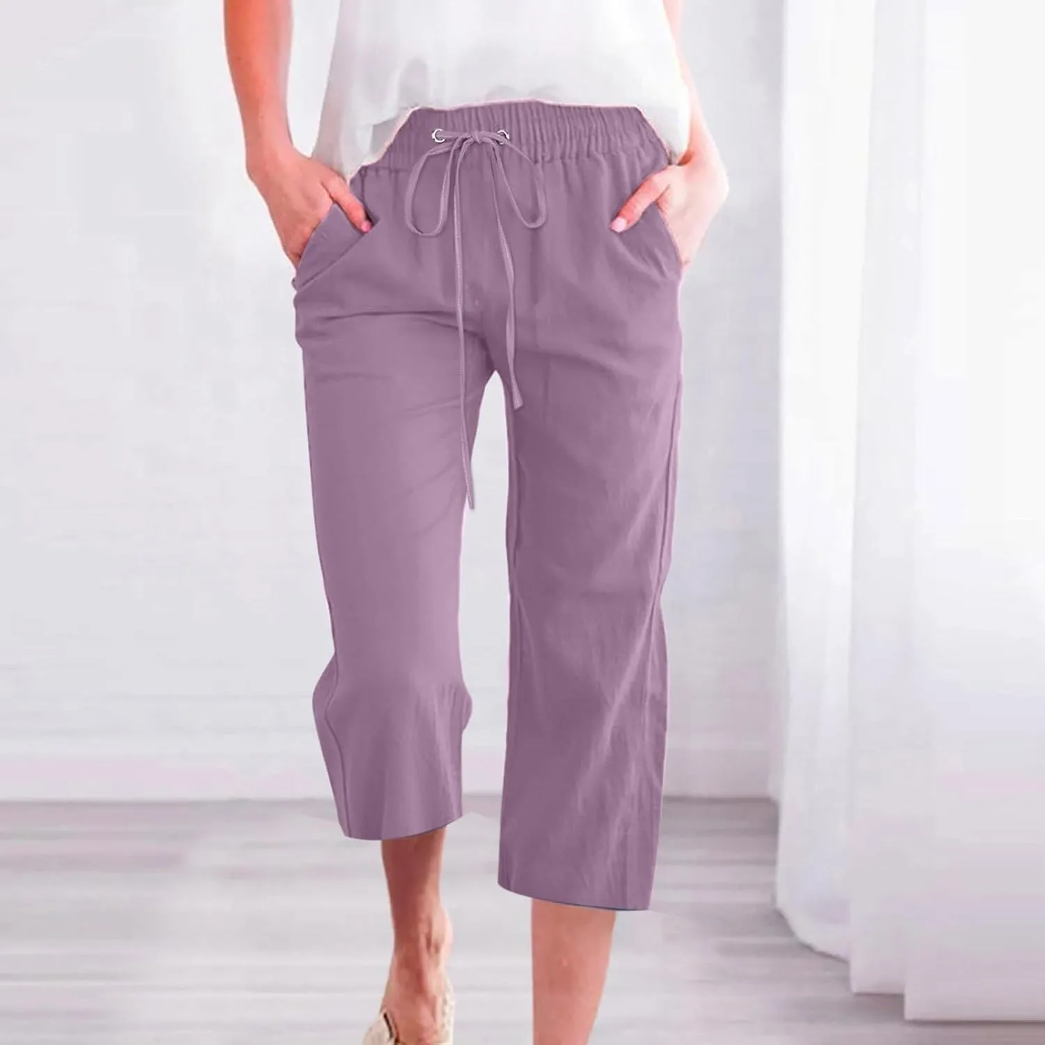 Cotton Linen Casual Summer Capri Drawstring Elastic Trousers Comfy Straight Leg Long Pants Straight Leg Loose Pants
