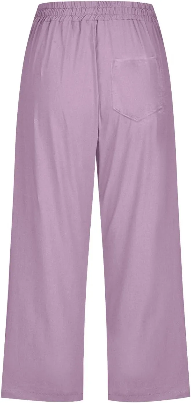 Cotton Linen Casual Summer Capri Drawstring Elastic Trousers Comfy Straight Leg Long Pants Straight Leg Loose Pants