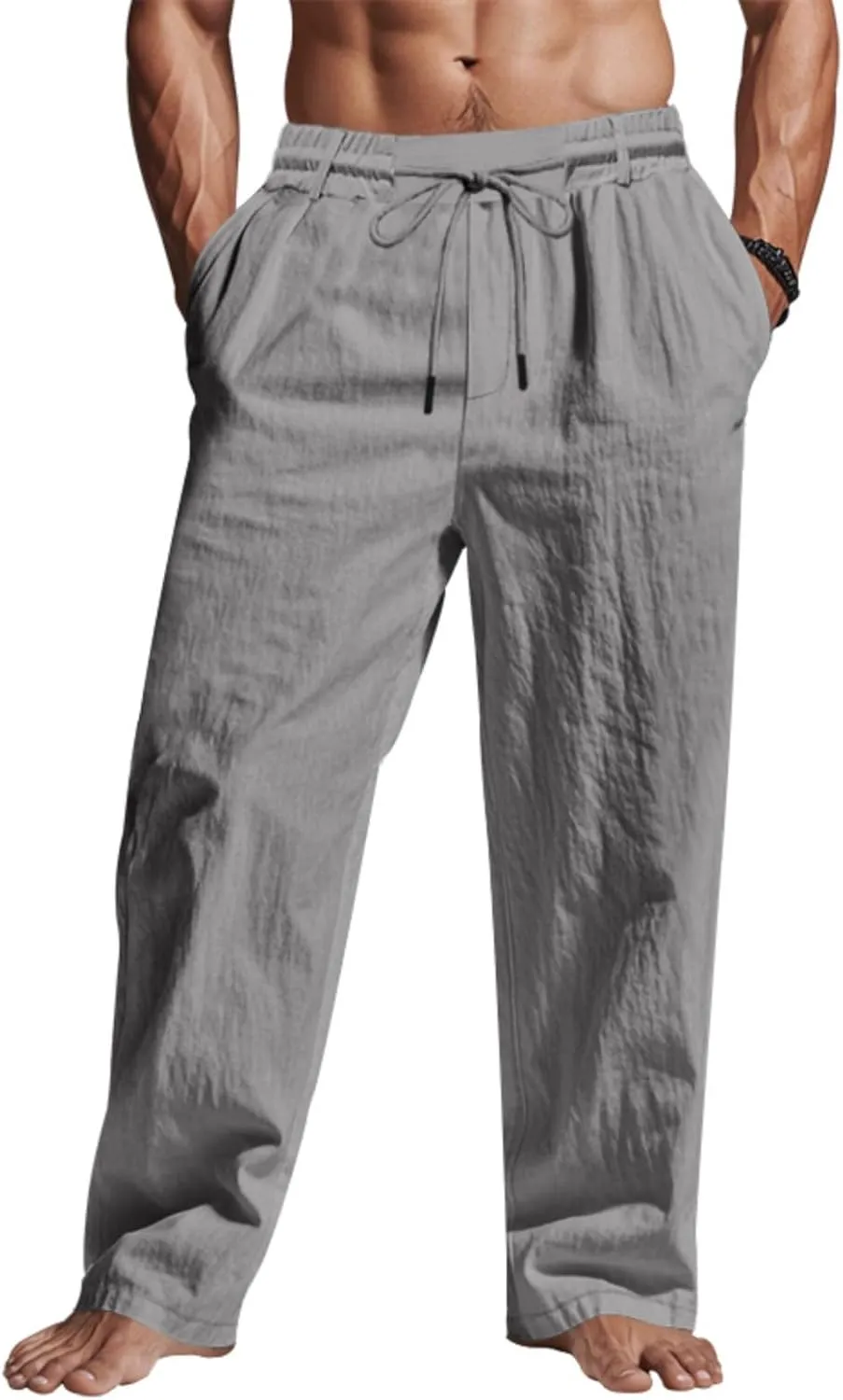 Cotton Men's Linen Drawstring Pants Comfortable Relaxed Fit Beachwear Summer Casual Lounge Pants for Travel Slacks