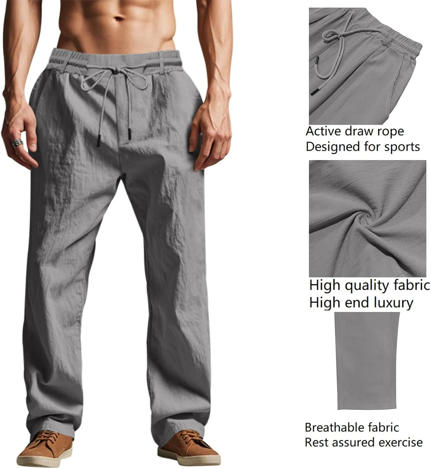 Cotton Men's Linen Drawstring Pants Comfortable Relaxed Fit Beachwear Summer Casual Lounge Pants for Travel Slacks