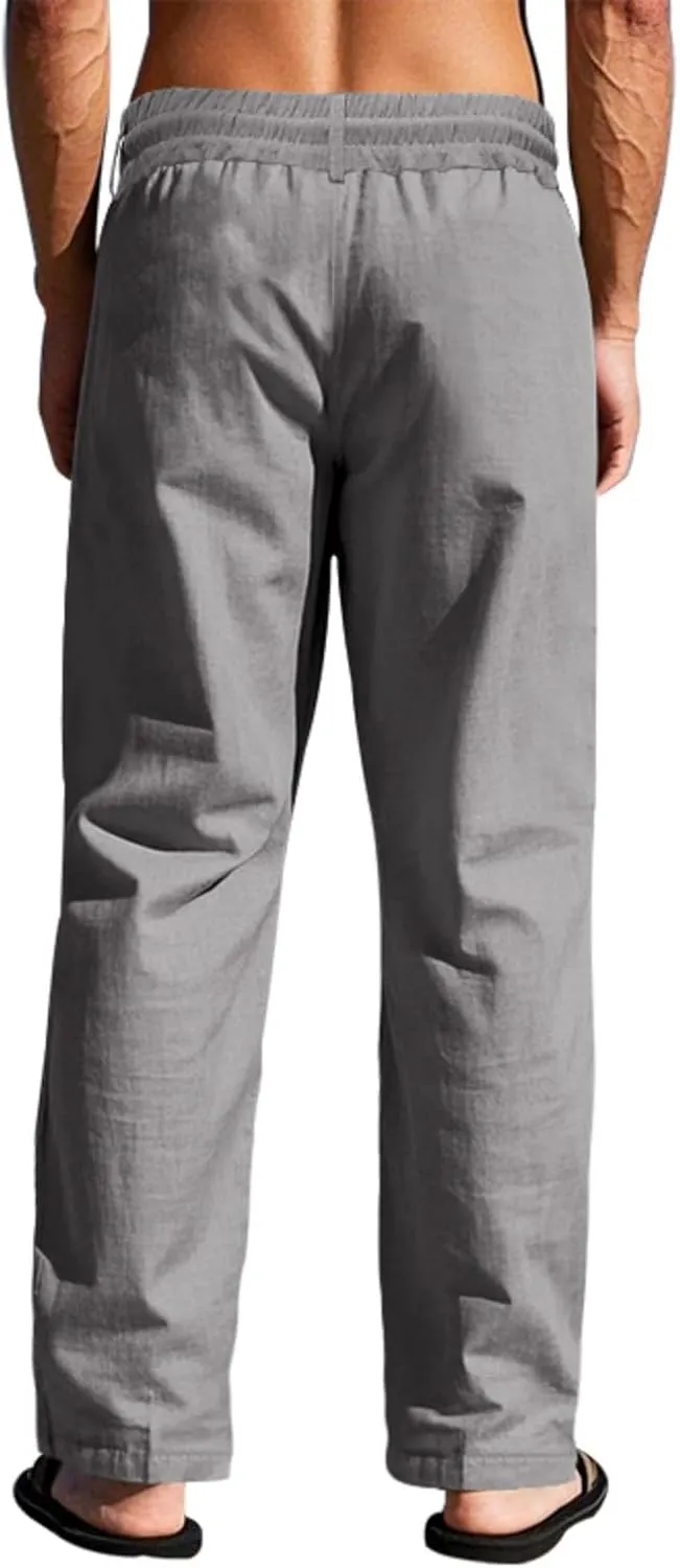 Cotton Men's Linen Drawstring Pants Comfortable Relaxed Fit Beachwear Summer Casual Lounge Pants for Travel Slacks