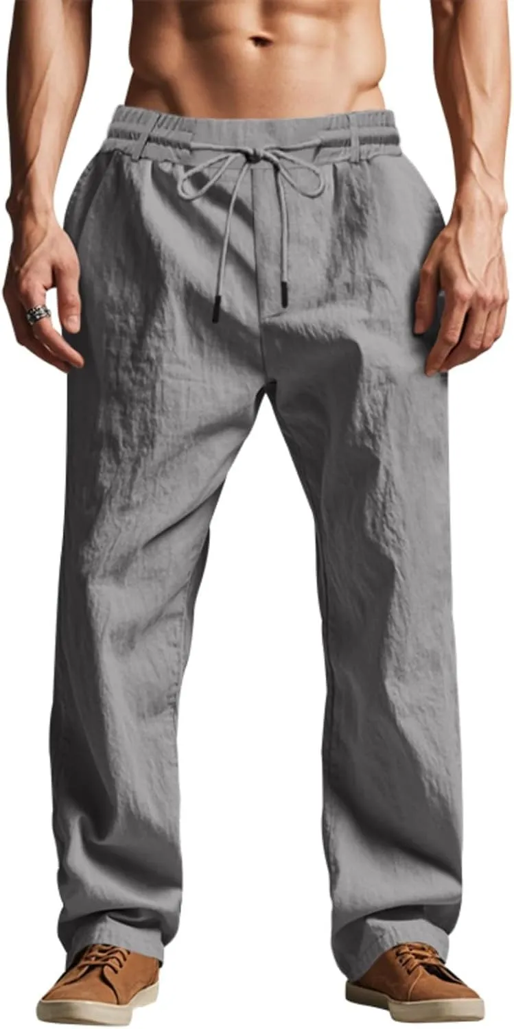 Cotton Men's Linen Drawstring Pants Comfortable Relaxed Fit Beachwear Summer Casual Lounge Pants for Travel Slacks