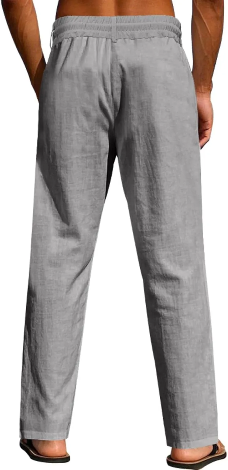 Cotton Men's Linen Drawstring Pants Comfortable Relaxed Fit Beachwear Summer Casual Lounge Pants for Travel Slacks