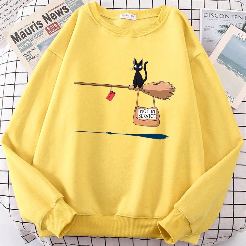 Cute Cat Not In Service Print Hoodies Women Casual Crewneck Sportswear Fleece Warm Fleece Sweatshirt Loose Hoody Autumn Clothes