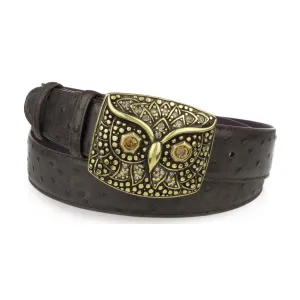 Dark choc mock ostrich quill belt with gold crystal owl buckle